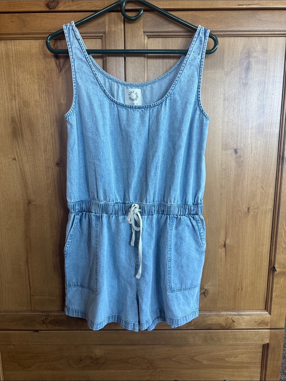 Light Wash Denim Romper with Drawstring Waist and Pockets